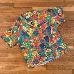 Vintage Sakura Sport Tropical Fish Print Button-Up Camp Shirt - Women's Large